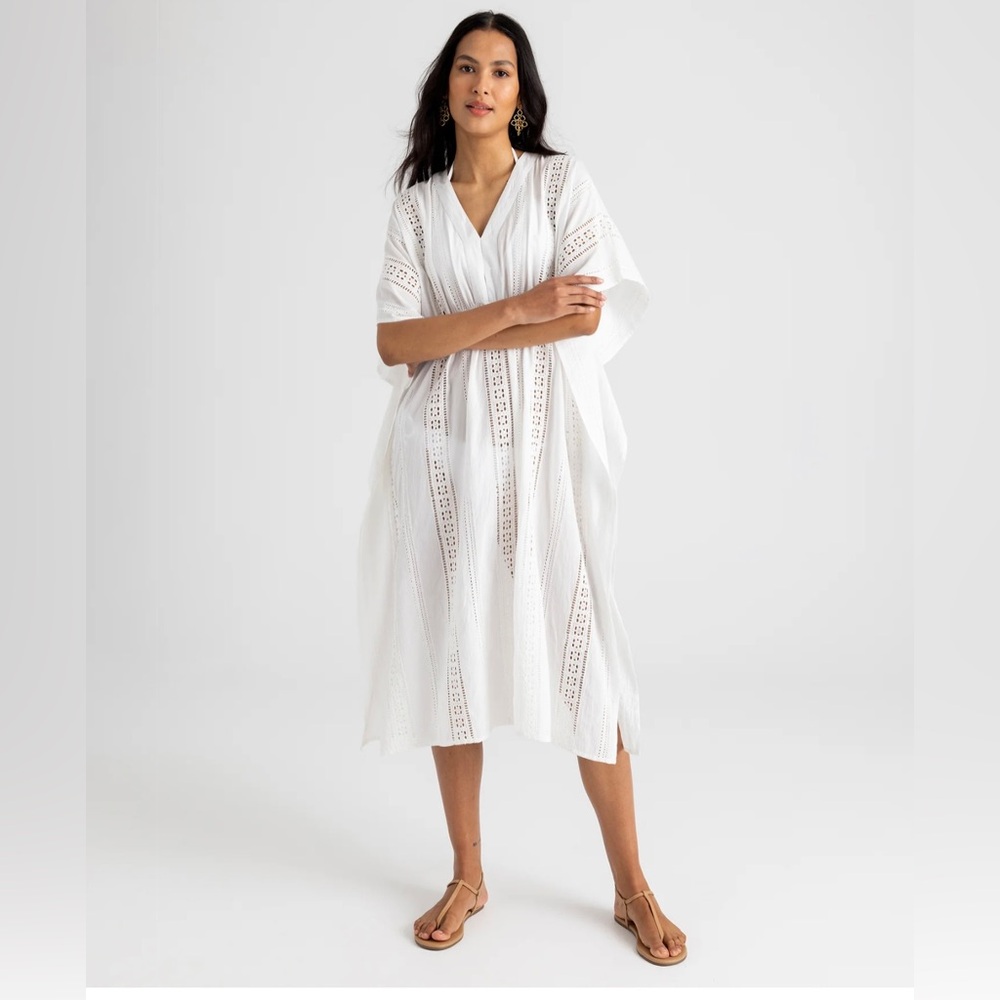 $159 NWT ECHO white eyelet caftan swim cover smocked women size XS-S
